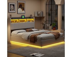 Zwevend bed, LED-verlichting rondom en in het hoofdbord, met opbergvak en opbergruimte onder het bed, modern design, 160x200 cm – Wit