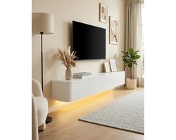 Zwevend TV-meubel LED 140 cm Wit met Lades en Kabelmanagement – Modern Wand TV Kast Lowboard 140×24×20 cm