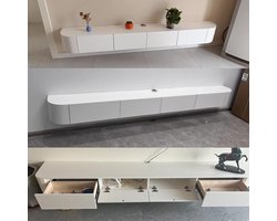 Zwevend TV-Meubel Nordic Luxe Opberger met 1 Deur en 2 Lades, Modern Wand TV Kast met Kabelmanagement en Grote Opbergruimte, Rubberwood TV Dressoir 180x24x20 cm Wit