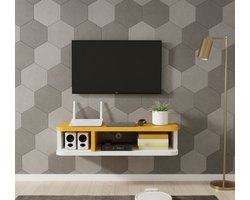 Zwevend TV Meubel Wandmontage met 2 Open Planken – Compact TV Kastje voor Woonkamer, Slaapkamer of Thuiswerkplek – Scandinavisch Design – Geel – 60 cm – House&Garden