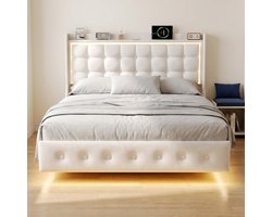 Zwevend tweepersoonsbed 140x200 cm met LED-verlichting en USB-poorten - gestoffeerd bed van fluweel - moderne stijl - wit