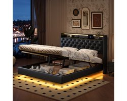 Zwevend Tweepersoonsbed 140x200 cm – PU-Lederen Bed met Hoofdbordopslag, LED-lichtstrips, USB & Type-C Oplaadpunten, Zacht Gestoffeerd Hoofdbord – Modern Opbergbed
