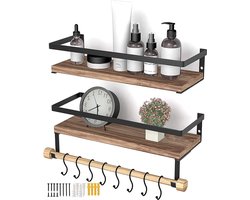 Zwevend wandrek - houten rek voor keuken - 2 stuks plank met handdoekhouder en 8 haken - ideaal voor woonkamer badkamer - wanddecoratie koffie rek