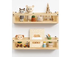 Zwevend Wandrek voor Kinderkamer - Set van 2 - Houten Boekenrek in Rotan Stijl - Multifunctioneel Organizer Rek voor Keuken, Badkamer en Woonkamer