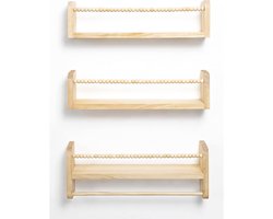 Zwevende boekenplank - Compacte opbergmeubel van massief hout - Met houten kralenontwerp - 40 cm - Driedelige set - Geschikt voor kinderkamers, slaapkamers en keukens