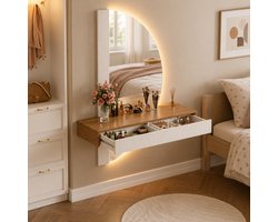 Zwevende make-up tafel met halfronde spiegel, in hoogte verstelbaar, met 2 lades, wandgemonteerd, houtkleur en wit