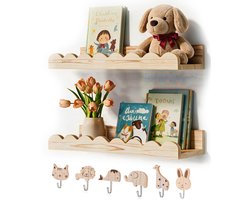 Zwevende Wandplank 2 stuks met 6 dierenhaken - 42 cm - Houten boekenplanken voor kinderkamer - Golvende rand wandplanken - Boekenplanken voor slaapkamer, babykamer en kinderkamer - hout