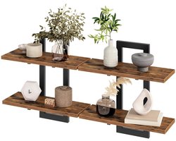 Zwevende Wandplank Hout 4 Lagen - 76×40×13,5cm Zwart Metalen Frame 10kg per Laag voor Planten, Foto's en Decoratie in Woonkamer, Badkamer en Keuken