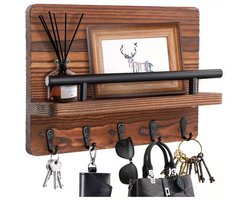 Zwevende Wandplank Hout - Wandrek - Postrek - Sleutelrek - 8 Haakjes - voor Entree, Hal en Woonkamer