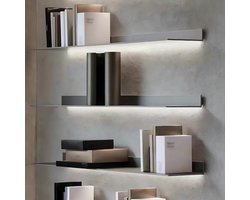 Zwevende Wandplank met LED Verlichting – Aluminium Boekenplank / Plantenrek – 120x23x7,5 cm – Grijs – Moderne Wandkast voor Woonkamer & Slaapkamer – HomebyNicole