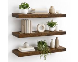 Zwevende Wandplank - - Set van 3 - Hout - 41 x 17 cm - Bruin – Draagkracht 5 kg per Plank – Inclusief 15 Schroeven & 6 Metalen Beugels – Wandrek Boekenplank Decoratie Opbergrek – Voor Woonkamer Slaapkamer Keuken Badkamer & Hal