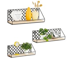 Zwevende- Wandplanken- Set Planken - Planten - Figuur - Rustieke - Slaapkamer - Woonkamer - Badkamer - Keuken - Kantoor - Metalen- Decoratieve- Houten - Geschikt Voor - Drie Wandplanken Voor Aan De Muur