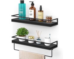 Zwevende wandplanken set van 2 - Zwarte massief houten planken voor badkamer, keuken, woonkamer