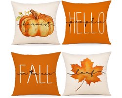 ZWJD Kussenhoes Herfst 45x45 Set van 4 Herfstdecoratie Kussenhoes Herfstdecoratie Linnen Kussenhoezen Esdoornbladeren Pompoen Kussen voor Decoratieve Bank Huis Tuin Slaapkamer Decoratieve Kussen Kussenslopen 45x45 cm