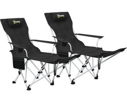 ZYLARO Campingstoel - 2 stuks opvouwbaar Kampeerstoel - Verstelbare relaxfauteuil - met afneembare voetensteun en bekerhouder - zwart