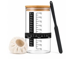 ZYLARO Zuurdesem Starter Set – Fermentatiepot 900 ml – Compleet Sourdough Starter Kit met Temperatuurstrip, Tijdmarkering, Bamboe Deksel, Roerspatel en Katoenen Hoes – Voor Zelfgemaakt Zuurdesembrood