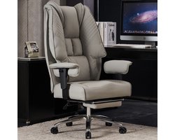 ZynoCore Grote & Lange Bureaustoel 180kg Breed Zitvlak, Leder Hoog Rugsteun, Voetsteun, Ergonomisch (Lichtgrijs)