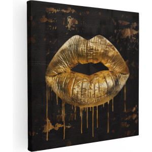 Artaza Canvas Schilderij Gouden Lippen op een Zwarte Achtergrond - 30x30 cm - Klein - Wanddecoratie Woonkamer - Schilderijen - Muurdecoratie