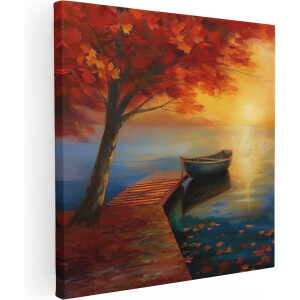 Artaza Canvas Schilderij Boot op een Dok bij Zonsondergang - 70x70 cm - Wanddecoratie Woonkamer - Schilderijen - Muurdecoratie