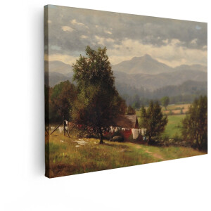 Artaza Canvas Schilderij Idyllisch Landschap met Wasgoed dat Droogt in de Zon - Bergen op de Achtergrond - 80x60 cm - Wanddecoratie Woonkamer - Schilderijen - Muurdecoratie