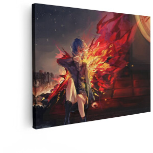 Artaza Canvas Schilderij Anime Meisje - 120x90 cm - Wanddecoratie Rode Vleugels - Muurdecoratie Engel - Schilderijen Op Canvas Stad