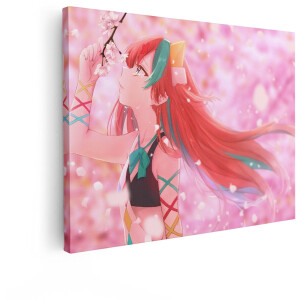 Artaza Canvas Schilderij Anime Meisje met Rood haar onder Bloeiende Kersenbloesems in de Lente - 120x90 cm - Groot - Wanddecoratie Woonkamer - Schilderijen - Muurdecoratie