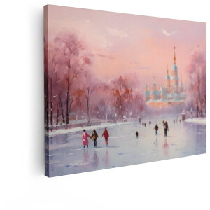 Artaza Canvas Schilderij Schilderachtige Winterscène met Schaatsers en een Paleis bij Zonsondergang - 120x90 cm - Groot - Wanddecoratie Woonkamer - Schilderijen - Muurdecoratie