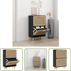 vidaXL Rattan Schoenenkast - Schoenenkast - Schoenenkast 52x25x80 cm bewerkt hout en rattan zwart - Zwarte Schoenenkast - Houten Schoenenkast - Scandinavische Schoenenkast