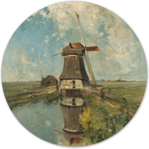 Label2X - Muurcirkel molen aan een poldervaart - Ø 60 cm - Dibond - Multicolor - Wandcirkel - Rond Schilderij - Muurdecoratie Cirkel - Wandecoratie rond - Decoratie voor woonkamer of slaapkamer