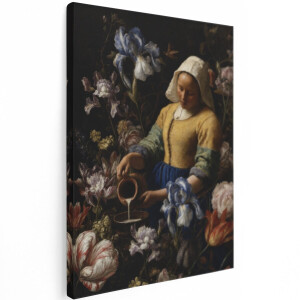 Artaza Canvas Schilderij Melkmeisje Met Bloemen - Klassiek Portret In Donkere Tinten - 30x40 cm - Klein - Wanddecoratie Woonkamer - Schilderijen - Muurdecoratie