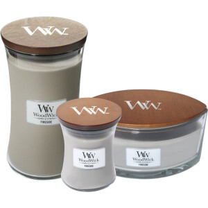 Woodwick geurkaarsen Fireside - Set van 1x Medium 1x Large 1x Ellipse - Afmetingen: B:9,8 x H: 11,43 cm - Aantal branduren: ± tot 60h - Materiaal: glas, hout