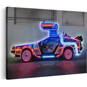 Artaza Canvas Schilderij Futuristische Auto met Neonlichten - 30x20 cm - Klein - Wanddecoratie Woonkamer - Schilderijen - Muurdecoratie