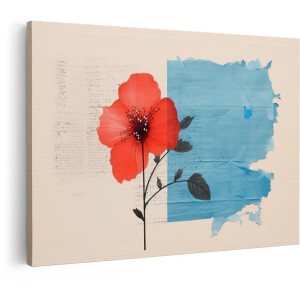 Artaza Canvas Schilderij Abstract Rode Bloem met Blauwe Verf en Tekst op Beige Achtergrond - 90x60 cm - Wanddecoratie Woonkamer - Schilderijen - Muurdecoratie