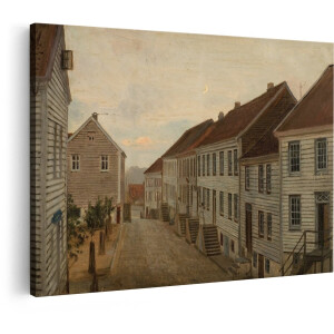 Artaza Canvas Schilderij Straat Met Houten Huizen - 90x60 cm - Vintage Wanddecoratie - Muurdecoratie Landschap - Decoratie Hal Maan