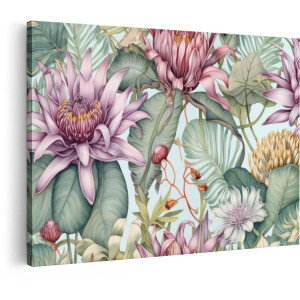 Artaza Canvas Schilderij Gedetailleerd Tropisch Bloemenpatroon met Weelderige Bladeren en Pastelkleuren - 60x40 cm - Wanddecoratie Woonkamer - Schilderijen - Muurdecoratie