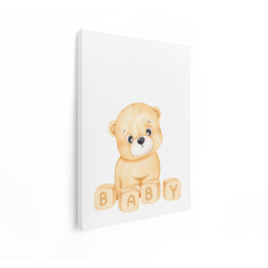 Artaza Canvas Schilderij Schattige Teddybeer met Blokken met de Tekst Baby - Perfect voor Geboorteaankondigingen - 90x120 cm - Groot - Wanddecoratie Woonkamer - Schilderijen - Muurdecoratie