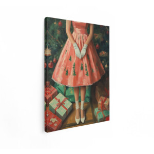 Artaza Canvas Schilderij Vrolijke Kerstdame in Retro Jurk met Cadeaus en Kerstboom - 60x80 cm - Wanddecoratie Woonkamer - Schilderijen - Muurdecoratie