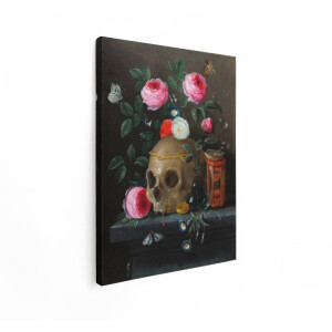 Artaza Canvas Schilderij Vanitas Stilleven - 90x120 cm - Wanddecoratie Schedel Met Rozen - Muurdecoratie Bloemen - Decoratie Vlinders En Zandloper