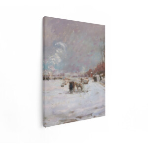 Artaza Canvas Schilderij Schilderij van een Winterlandschap met Paarden en een Boerderij - 30x40 cm - Klein - Wanddecoratie Woonkamer - Schilderijen - Muurdecoratie