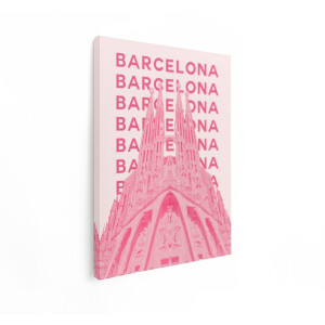 Artaza Canvas Schilderij Iconische Sagrada Familia in Barcelona met Repetitieve Tekst op de Achtergrond - 90x120 cm - Groot - Wanddecoratie Woonkamer - Schilderijen - Muurdecoratie