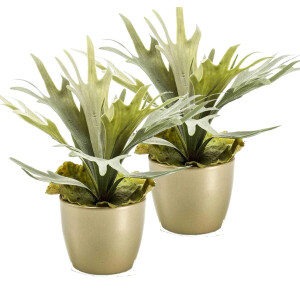 Emerald Kunstplant Staghorn varen - groen - in gouden pot - 38 cm