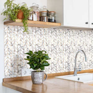 Zelfklevende tegelmuurstickers voor keuken en badkamer - 24 tegelstickers met marmerlook en gouden rand - 24 stickers van 20x20 cm