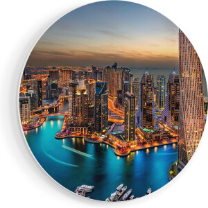 Artaza Forex Muurcirkel Dubai Haven met de Stad - 90x90 cm - Groot - Wandcirkel - Rond Schilderij - Muurdecoratie Cirkel