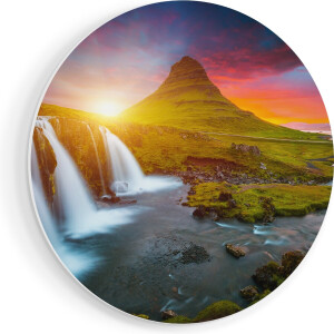 Artaza Forex Muurcirkel Waterval Bij Een Vulkaan Met Zonsondergang - 50x50 cm - Klein - Wandcirkel - Rond Schilderij - Muurdecoratie Cirkel