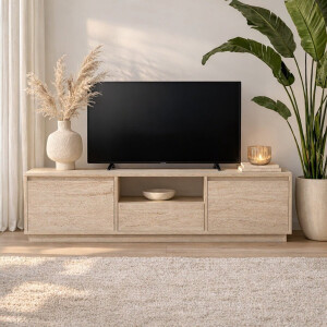 TV Meubel Japandi Travertin Melamine - drie kastjes - 160x42x29,5 cm - Flare