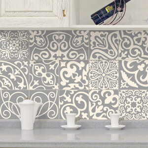 Zelfklevende tegelmuurstickers voor keuken en badkamer - 15 Azulejo tegelstickers in Palaos grijstinten - 15 stickers, 20x20cm
