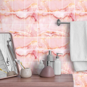Zelfklevende tegelmuurstickers voor keuken en badkamer - 9 roze marmeren cementtegelstickers van Bonoa - 9 stickers 10x10cm