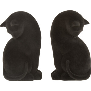 J-Line boekensteun Kat - kunststof/fluweel - zwart - 2 stuks