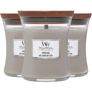 Woodwick geurkaarsen Fireside - Set van 3x medium - Afmetingen: B:9,8 x H: 11,43 cm - Aantal branduren: ± tot 60h - Materiaal: glas, hout