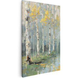 Artaza Canvas Schilderij Berkenbomen met Vijver - 60x90 cm - Wanddecoratie Woonkamer - Schilderijen - Muurdecoratie
